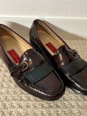 Cole Haan Burgundy Leather Pinch Buckle Fringe